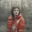 Placeholder: French singer Barbara,red, autochrome, plastic puffy jacket