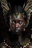 Placeholder: A beautiful vantablack woman christmas angel portrait with voudore realism adorned with black ladybug headdress ribbed with Golden filigree wings floral embossed and earrings ribbed with black obsidian and white pearls wings metallic golden filigree organic bio spinal ribbed detail of vantablack background extremely detailed hyperrealistic maximálist concept att