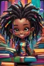 Placeholder: A sassy futurism ABSTRACT colorful art cartoon black chibi girl troll LOOKING DOWN, surrounded by colorful BOOKS. Looking up coyly, she grins widely, showing her Teeth. Highly detailed black shiny dread locs , regal expression.