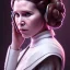 Placeholder: low angle beautiful half-body-portrait photo of princess leia from Star Wars played by Carrie Fisher, in the style of horizon zero dawn wlop, artgerm, akihiko yoshida, and liang xing, detailed face, doe eyes, intricate hair style, symmetrical eyes, trending on artstation, highly detailed, white dress, dynamic pose, intricate outfit, futuristic weapon, space ship and galaxy background