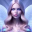 Placeholder:  beautiful, soft, whide smile face, long blonde straight hair, blue eyes, fairy wings on the back, transparent crystal blue and pink background, big definition, 8K