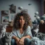 Placeholder: Portrait of woman with curly hair sitting in room full of clouds and fluffy kittens