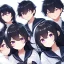 Placeholder: Clear focus, High resolution,a anime kid, roughline skecth, cute, cartoony style,interesting hair between eyes,black hair,, fluffy hair,long bangs,purple eyes, front view, background is space with stars, wearing a black sailor uniform, extreme close up