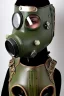 Placeholder: Steam-punk style gas-mask. Large fencing mask covers chin and cheeks. Hood. Reflective surface on face, full coverage, reflective. No eyes. Head full of integrated old-fashioned cameras and phone. Army green surfaces body, latex. Perfect body, thick thighs and calves. Asa Akira's body. Wide hip, skirt bleats nicely. Partly symmetrical. Straitjacket. Rusty and decayed background. Steam-plunge air-bottles. Euclidean 3D-tiling walls. 5th dimensional surface structures. Oppressive atmosphe