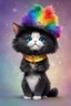 Placeholder: a cute character rainbow cat, has black fluffy hair with a rainbow pattern, the cat is a sorceress, has a magical witch hat on head, which looks photorealistic, celebrating new year , happy