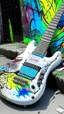 Placeholder: A white electric guitar , graffiti art, splash art, street art, spray paint, oil gouache melting, acrylic, high contrast, colorful polychromatic, ultra detailed, ultra quality, CGSociety, plant based skink,