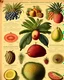 Placeholder: an accurate instructional chart featuring various types of tropical fruit in the style of Millot, Haeckel and a vintage encylcopedia color copperplate illustration