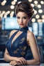 Placeholder: full body Office women, gorgeous, glamours, ,clean face, showing in 4k format, intricate work of magical art, movie poster, full body, dark blue dress, in cg society trends, complex, very detailed bright, staged rendering of the character, super high quality model, beautiful face, background in style bokeh