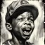 Placeholder: half smile deep emotional portrait OF young African boy shouting boy wearing BLACK NY yANKEES CAP with a microphone ,JEREMY MANN ,charcoal pencil strokedcross hatch technique minimalist illustration