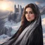 Placeholder: Hyper Realistic close-up-view of Beautiful Happy Pashto Girl with beautiful hair & beautiful eyes fully-covered-in-black-dress-&-white-shawl standing outside her-huge-ice-castle on mountain-top with cloudy-sunset showing dramatic & cinematic ambiance