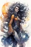 Placeholder: ink wash and watercolor full body concept illustration of an anthropomorphic, smiling, fanciful wolf, girl character with wildly flowing hair, ornately dressed with highly detailed feathers and facial features in the comic book style of Bill Sienkiewicz and Jean Giraud Moebius, with a fine art aesthetic, highly detailed , boldly inked, 4k UHD cinegraphic quality