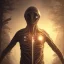 Placeholder: horror movie full character profile pic running alien portrait , black jogging suite , in the sunset Alps, golden light , holding leaves and flowers , angels background, volumetric light, high detail, dark leaf tree, dark mountains in background, perfect