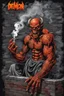 Placeholder: smoking attraktive demon with tattoo in hell, dark magic, light red black and white dark grey , dark steel dark red, orange, grey light orange, dark evening, comics, dark things in hell, dirty, brick wall, shadow, smoke, fire, professional photo, photorealistic, highly detailed, masterpiece