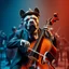 Placeholder: a gray pit bull twearing a hat and a nice suit playing the cello in the centre .of a big orchestra background with a smooth gradient in warm blue tones,