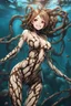 Placeholder: Underwater, Anime girl, fullbody, brown tones, lying pose, his skin turned translucent revealing a network of black veins that extended like roots beneath her epidermis,smiling meanwhile many worms streaming from his mouth, latex suit,