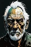 Placeholder: create a full body portrait illustration of a an aged and withered coarsely shaved, raggedly dressed, post apocalyptic, cyberpunk derelict , with highly detailed and deeply cut facial features, in the comic art style of FRANK MILLER and BILL SIENKIEWICZ, searing lines and forceful strokes, precisely drawn, boldly inked, with gritty textures, vibrant colors, dramatic otherworldly lighting