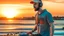 Placeholder: short beard man with cap, DJ play records ,at seaside background, full body, sunset