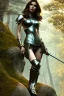 Placeholder: milf, brunette hair, leather armor, stand on a rock, forest, 8k resolution, high-quality, fine-detail, intricate, fantasy art, detailed matte, volumetric lighting, illustration, 3D