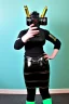 Placeholder: MetCyber-punk style camera-mask. Large fencing mask covers cheeks. Trim girls. Reflective plastic body surface. Camera lenses as eyes. Head full of integrated old-fashioned cameras. Golden to cyan surfaces body. Perfect body, thick thighs and calves. Selfies, old-fashioned cameras, both hands. Wide hip, skirt bleats nicely. Partly symmetrical. Three Cameras hanging on plastic belt. Euclidean 3D-tiling, Escher. Mathematically impossible