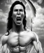 Placeholder: native american warrior, long black hair, big muscles, face up, mouth wide open, scream face, shirtless, looking to the sky