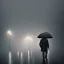 Placeholder: a man standing under a street light in the rain in very dark and foggy conditions