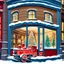 Placeholder: Paint a cover for a children's book with oil paints. New Year's Eve window of a toy store in a big city. A toy big red train stands in the window. A boy is standing near the shop window. Winter. The image is realistic
