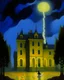 Placeholder: A yellow haunted mansion in a thunderstorm painted by Georges Seurat