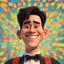 Placeholder: a portrait of smiling man. caricature. black thin rare hair. honey skin. black eye pupils. rectangle face shape. formal dress with black vest. pixar style. 3D. 4k. portrait. highly detailed. sharp focus. high resolution. full color. cinema lighting