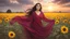 Placeholder: Hyper Realistic Photographic-view of a Beautiful-Young-Happy-Pashto-Woman-with-beautiful-eyes-Smiling with beautiful-long-black-hair-&-pink-dress-with-maroon-shawl & breeze-whirling in a sunflower-field with a tree behind & cloudy-sunset showing dramatic & cinematic ambiance