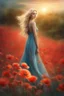 Placeholder: Creëer een mooie realistische Fantasie art, mooie vrouw, standing in a poppy field, in a long dress, long blondes hair,, soft lighting, vibrant colors, ethereal, dreamlike, nature-inspired, romantic, whimsical, fantasy art, detailed flowers, flowing movement, peaceful, enchanting, surreal, atmospheric, natural elements, sunlight filtering through the trees,