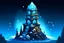 Placeholder: Fantasy Cartoon magic tower with wooden rafters, blue glowing crystals and dark stone covering it the the winter mountains