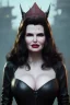 Placeholder: Geena Davis as evil queen in black leather, leather, busty, cleavage, angry, rage, stern look. character design by cory loftis, fenghua zhong, ryohei hase, ismail inceoglu and ruan jia. unreal engine 5, artistic lighting, highly detailed, photorealistic, fantasy