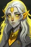 Placeholder: female 60 drow elf with wavy hair, yellow eyes, some wrinkles on face, anime style