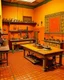 Placeholder: A yellowish orange colored laboratory with machines designed in Moroccan rug art painted by Paul Gauguin