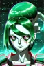 Placeholder: 90s anime sci fi green hair space Captain girl blood on face scared, rattled and shook, violent atmosphere, retro manga style, hyper detailed, Japanese horror, junji ito,