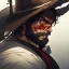 Placeholder: Clear focus, High resolution, max detail, Portrait, bearded, Gunslinger, Cowboy, cowboy hat, serious face, Blood Splatter