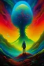 Placeholder: a painting of a man standing in front of a tree, inspired by Paul Lehr, psychedelic art, colorsmoke, album cover concept art, amazing colors, style of jeff soto, colorful skies, intricate colorful masterpiece ALIEN bIO fORMS