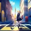 Placeholder: anime girl walking down a yellow brick road, shooting a recurve bow with arrow , road signs, arrows, direction into the street, back facing