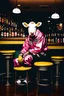 Placeholder: photo of a cow dressed bosozoku outfit sitting at a table in a bar with a bar stools, bottle beer, award winning photography, Elke vogelsang, bosozoku outfit, award winner photo, best composition