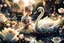 Placeholder: beautiful swan and cute chibi princess in a flowergarden with beautiful flowers, pond, in sunshine, H.R. Giger, anime, steampunk, surreal, watercolor and black in outlines, golden glitter, ethereal, cinematic postprocessing, bokeh, dof