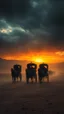 Placeholder: Bosch painting style nightmare , 3D ,a group of men in black led by carriages on the ground in a dramatic misty scene of the sunset time in a stormy weather in the desert background, high Quality picture , 8k
