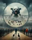 Placeholder: Bosch painting style, nightmare , prisoners lined up in circle , one after another , in the middle a an Ai robot as guard with a dog , great quality picture with cinematic scenes , heavy clouds in the background