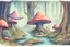 Placeholder: concept art water color style for teenagers in other planet having adventure mystery weird cretures trees and mushrooms exiting colorful