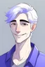 Placeholder: buatkan karakter laki laki tampan dan manis berusia 20 tahun tinggi 190 cm berat 50 kg kulit putih rambut ungu mata biru senyum manis