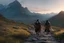 Placeholder: A panoramic, cinematic film still capturing Griz, a imposing female half-orc cleric, and a stoic male grey Ranger walking side-by-side on a rugged highland path at dusk. The scene is shot on 75mm Technicolor, Panavision, and presented in Cinemascope (2.35:1) with sharp focus, fine details, and an 8k HDR realistic texture. Griz (left) has greenish skin marked by visible ritual scars, intelligent burning yellow eyes, and an intense expression as she speaks softly. She wears sturdy fur boots, dark