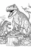 Placeholder: A coloring page, white background Show a T-Rex family coming together for a communal meal, with the parents and offspring sharing food and interacting with each other around a large carcass.. ink drawing clipart, simple line illustrations, colored