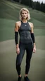 Placeholder: photography of a beautiful anorexic woman, anthracite satin triathlon top, sports illustrated, blond short wavy bob haircut, pronounced sternum, flat chest, anthracite short leggins