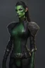 Placeholder: female snake humanoid, green scales, wearing a black leather armor, dungeons and dragons