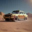 Placeholder: 3d rendering. Steampunk futuristic yellow car. Buried in desert sand. Lost in Time, dramatic lighting, hyper realistic, cinematic lighting