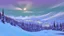 Placeholder: Fantasy cartoon style: view down the ski slope from the top of the hill, snow is sparkling